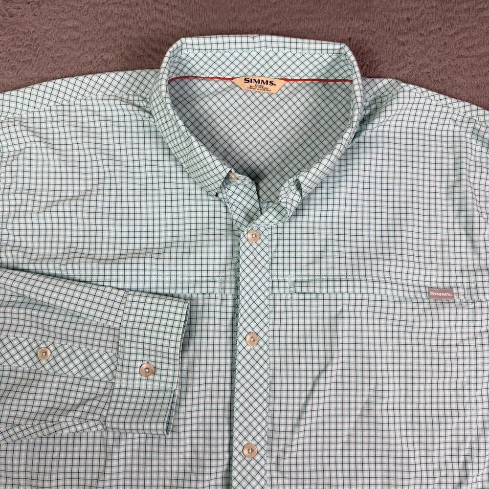 Simms Fishing Shirt Mens 2XL Blue Plaid Long Sleeve Vented Button Front